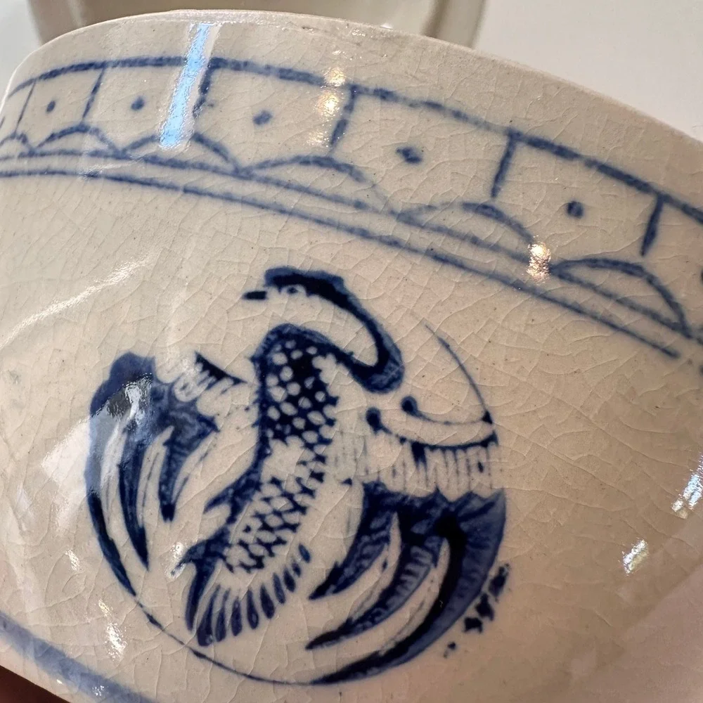 Vintage Crane Design Chinese Porcelain Serving Rice Bowl w/ Lid Blue White